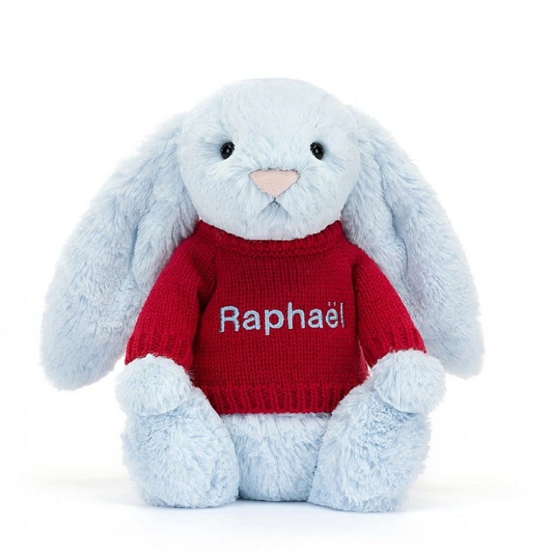 MEDIUM Jellycat Bashful Blue Bunny with Personalised Red Jumper 31 CM X 12 CM, Jellycat USA | XN4078193