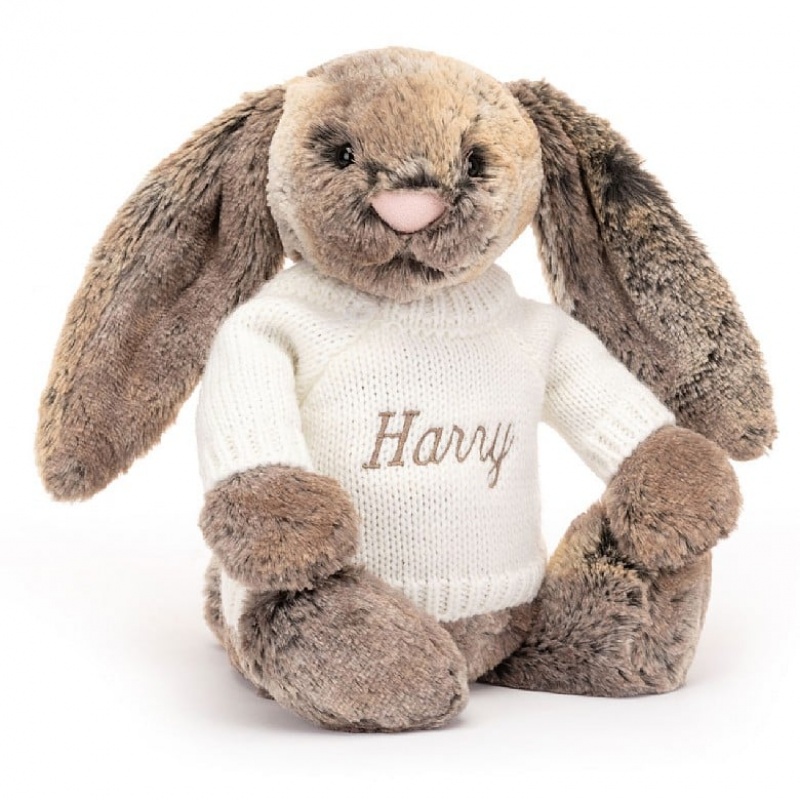 MEDIUM Jellycat Bashful Cottontail Bunny with Personalised Cream Jumper 31 CM X 12 CM, Jellycat USA | SD5871263