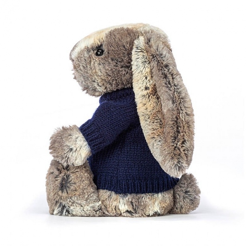 MEDIUM Jellycat Bashful Cottontail Bunny with Personalised Navy Jumper 31 CM X 12 CM, Jellycat USA | BF0672485