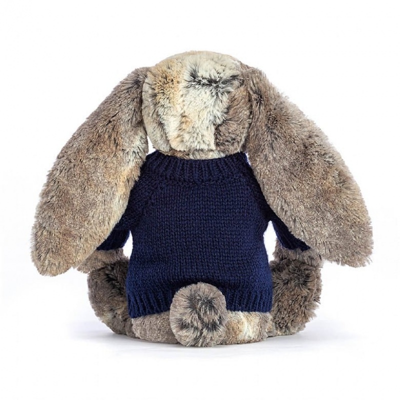 MEDIUM Jellycat Bashful Cottontail Bunny with Personalised Navy Jumper 31 CM X 12 CM, Jellycat USA | BF0672485