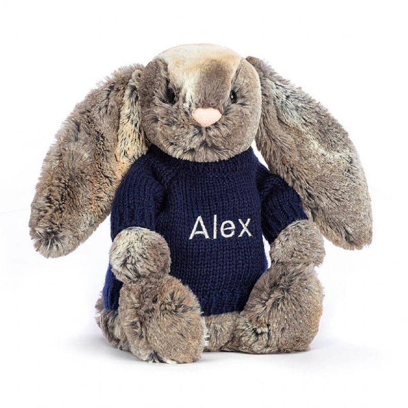 MEDIUM Jellycat Bashful Cottontail Bunny with Personalised Navy Jumper 31 CM X 12 CM, Jellycat USA | BF0672485