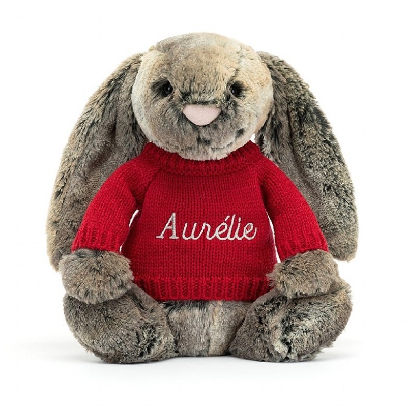 MEDIUM Jellycat Bashful Cottontail Bunny with Personalised Red Jumper 31 CM X 12 CM, Jellycat USA | HC6218573