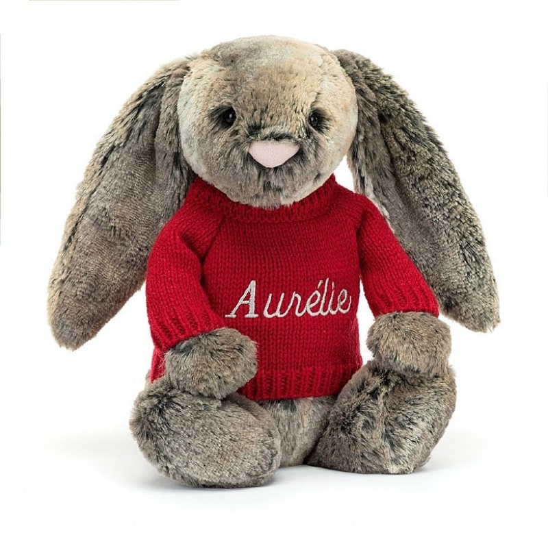 MEDIUM Jellycat Bashful Cottontail Bunny with Personalised Red Jumper 31 CM X 12 CM, Jellycat USA | HC6218573