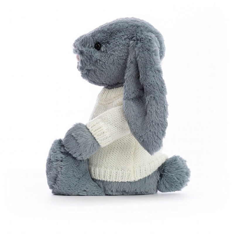 MEDIUM Jellycat Bashful Dusky Blue Bunny with Personalised Cream Jumper 31 CM X 12 CM, Jellycat USA | WE6594312