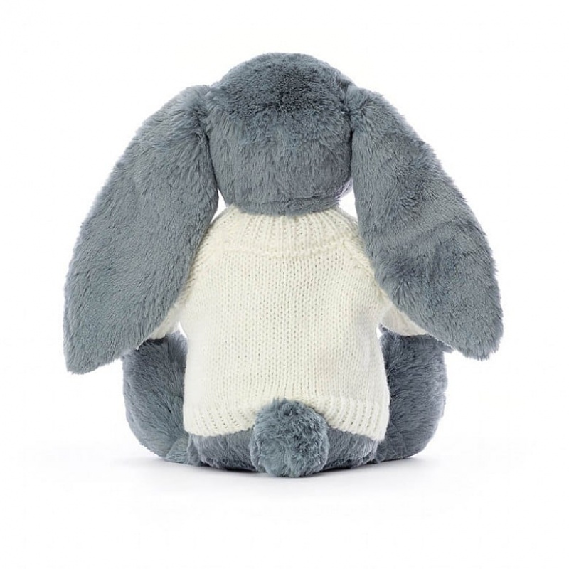 MEDIUM Jellycat Bashful Dusky Blue Bunny with Personalised Cream Jumper 31 CM X 12 CM, Jellycat USA | WE6594312