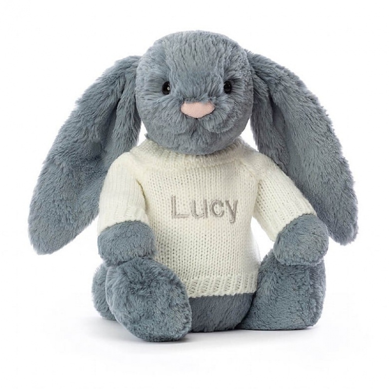 MEDIUM Jellycat Bashful Dusky Blue Bunny with Personalised Cream Jumper 31 CM X 12 CM, Jellycat USA | WE6594312