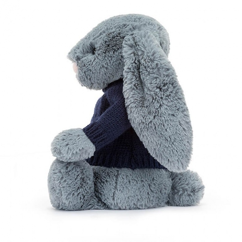 MEDIUM Jellycat Bashful Dusky Blue Bunny with Personalised Navy Jumper 31 CM X 12 CM, Jellycat USA | PT8071629