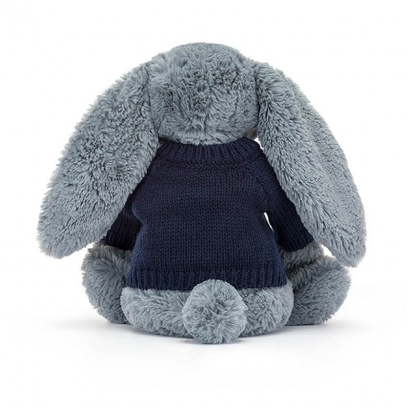 MEDIUM Jellycat Bashful Dusky Blue Bunny with Personalised Navy Jumper 31 CM X 12 CM, Jellycat USA | PT8071629