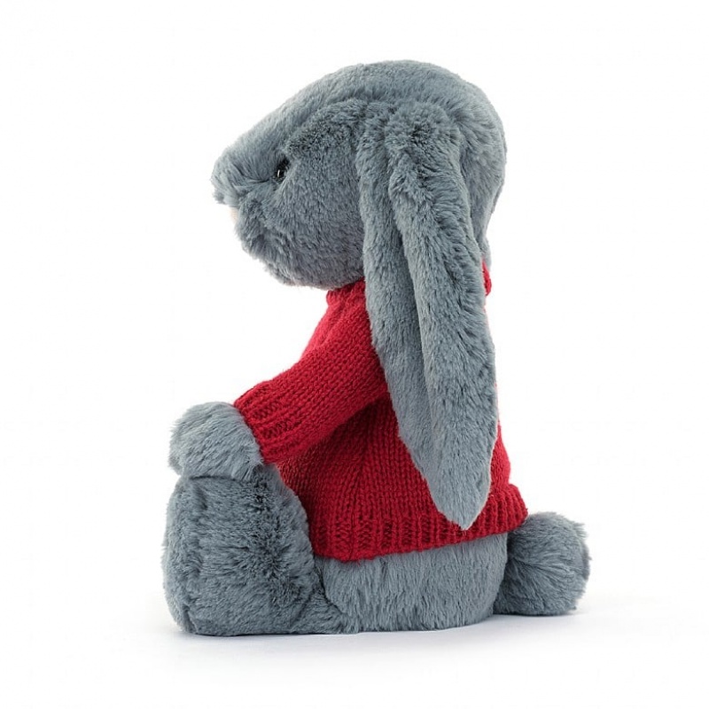 MEDIUM Jellycat Bashful Dusky Blue Bunny with Personalised Red Jumper 31 CM X 12 CM, Jellycat USA | JT5829036