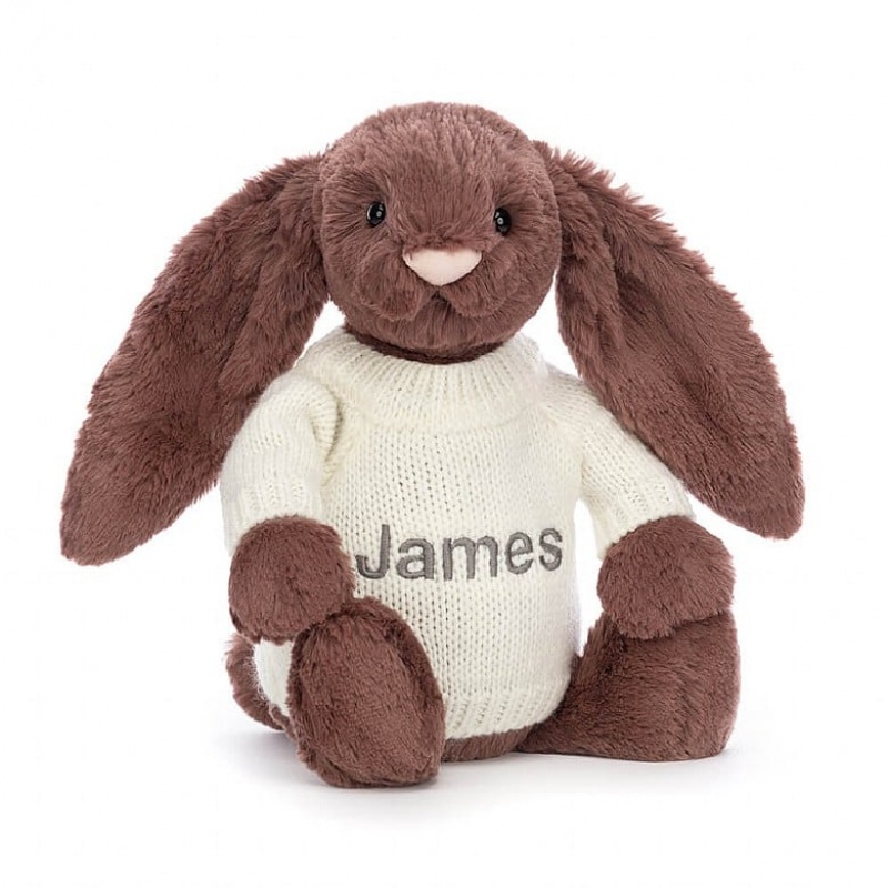 MEDIUM Jellycat Bashful Fudge Bunny with Personalised Cream Jumper 31 CM X 12 CM, Jellycat USA | KR8052973