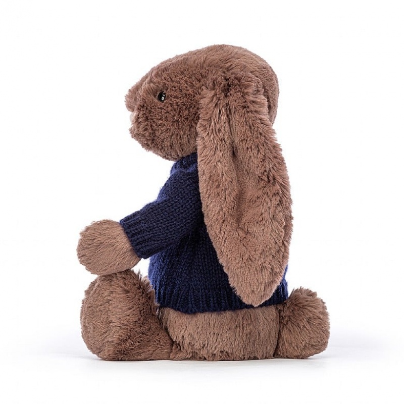 MEDIUM Jellycat Bashful Fudge Bunny with Personalised Navy Jumper 31 CM X 12 CM, Jellycat USA | HE0865413