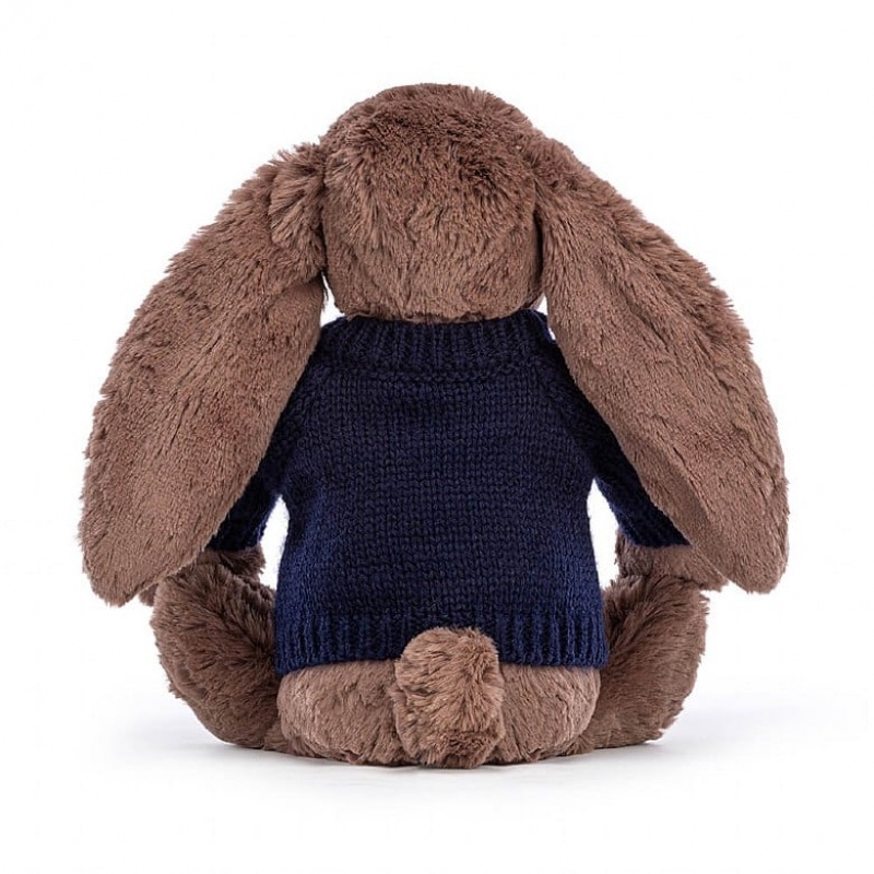 MEDIUM Jellycat Bashful Fudge Bunny with Personalised Navy Jumper 31 CM X 12 CM, Jellycat USA | HE0865413