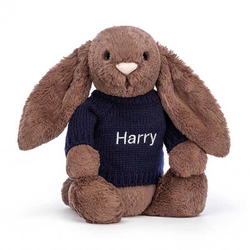 MEDIUM Jellycat Bashful Fudge Bunny with Personalised Navy Jumper 31 CM X 12 CM, Jellycat USA | HE0865413