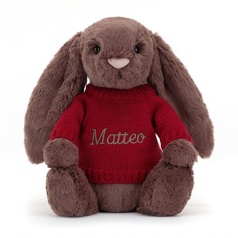 MEDIUM Jellycat Bashful Fudge Bunny with Personalised Red Jumper 31 CM X 12 CM, Jellycat USA | IQ8794150