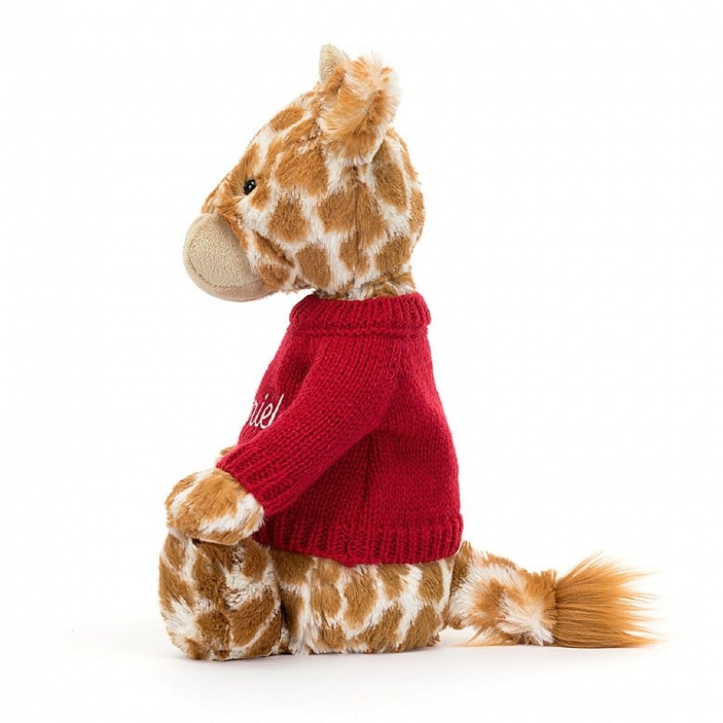 MEDIUM Jellycat Bashful Giraffe with Personalised Red Jumper 31 CM X 12 CM, Jellycat USA | KN7316284