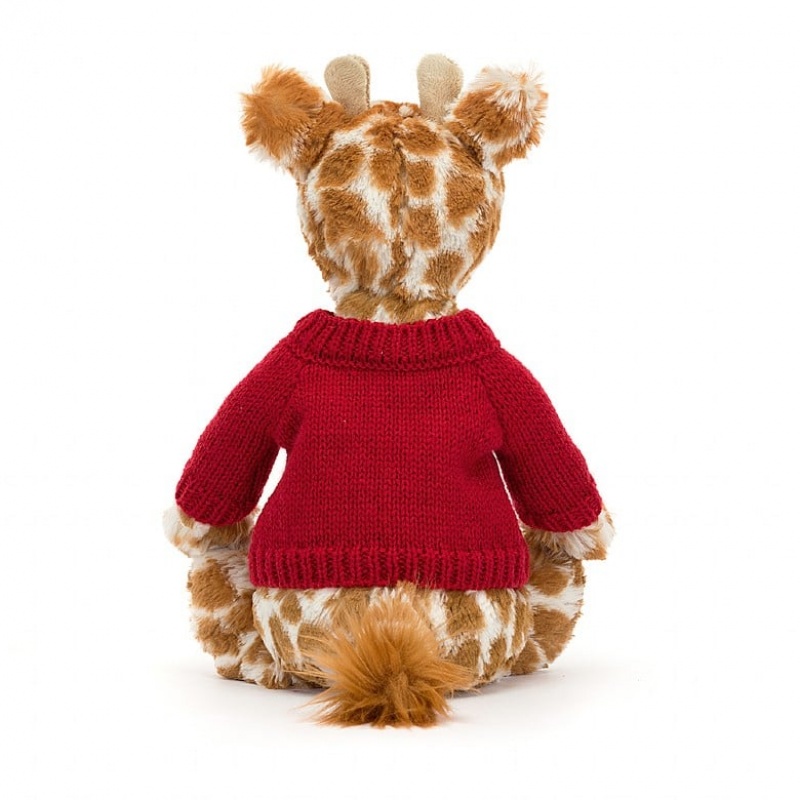 MEDIUM Jellycat Bashful Giraffe with Personalised Red Jumper 31 CM X 12 CM, Jellycat USA | KN7316284