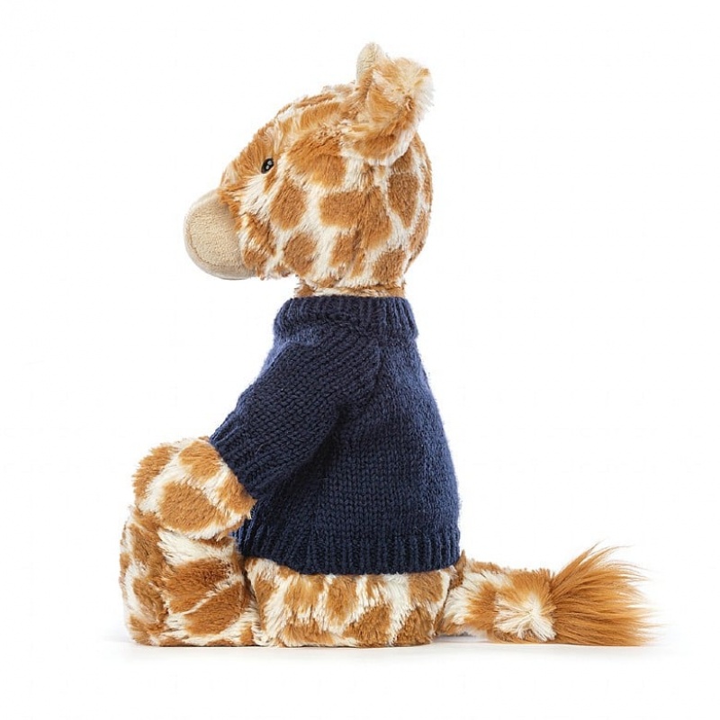 MEDIUM Jellycat Bashful Giraffe with Personalised Navy Jumper 31 CM X 12 CM, Jellycat USA | QA5769124