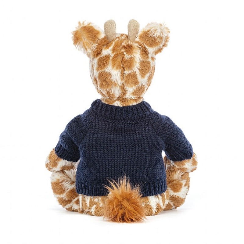 MEDIUM Jellycat Bashful Giraffe with Personalised Navy Jumper 31 CM X 12 CM, Jellycat USA | QA5769124