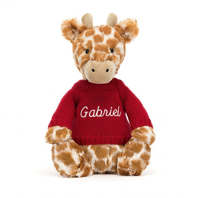 MEDIUM Jellycat Bashful Giraffe with Personalised Red Jumper 31 CM X 12 CM, Jellycat USA | UT7035412