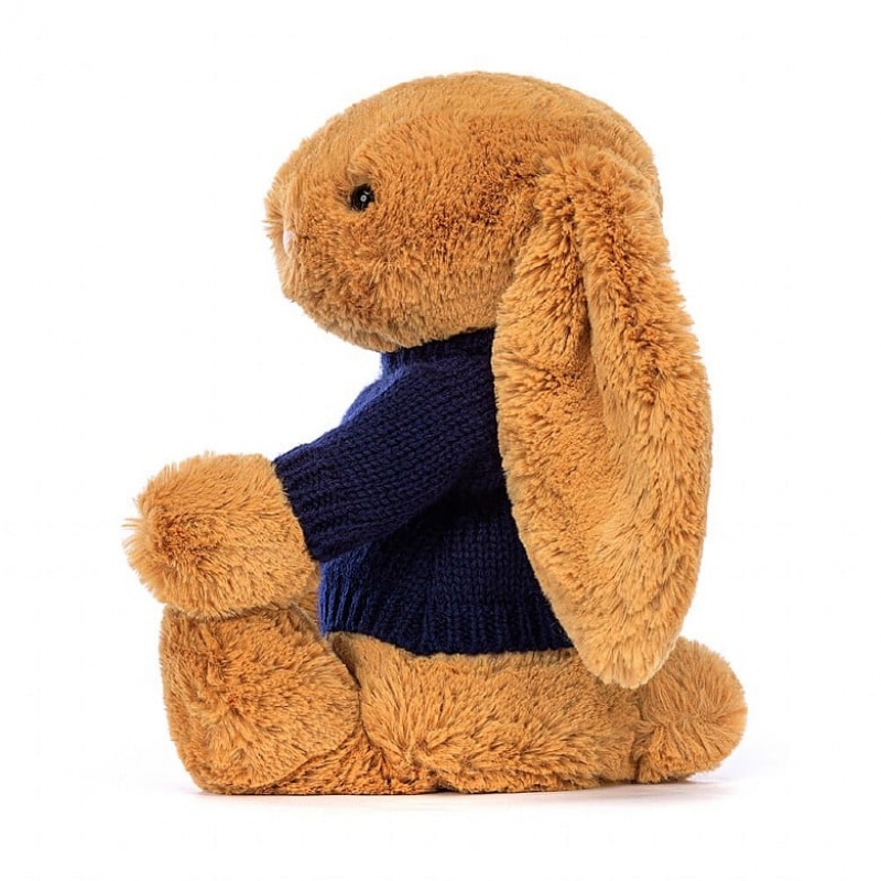 MEDIUM Jellycat Bashful Golden Bunny with Personalised Navy Jumper 31 CM X 12 CM, Jellycat USA | GB6749803