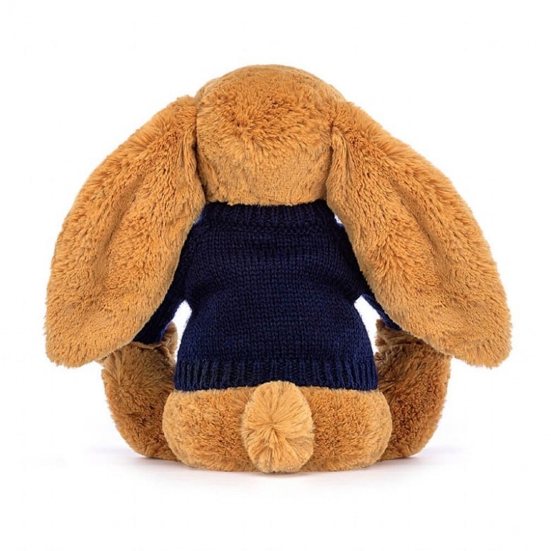 MEDIUM Jellycat Bashful Golden Bunny with Personalised Navy Jumper 31 CM X 12 CM, Jellycat USA | GB6749803