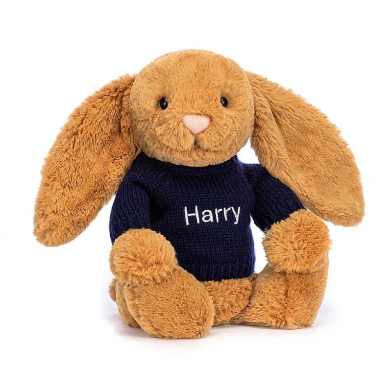 MEDIUM Jellycat Bashful Golden Bunny with Personalised Navy Jumper 31 CM X 12 CM, Jellycat USA | GB6749803