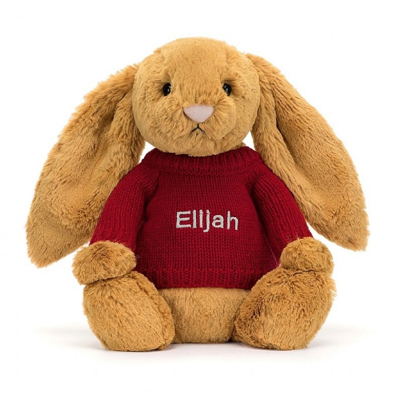 MEDIUM Jellycat Bashful Golden Bunny with Personalised Red Jumper 31 CM X 12 CM, Jellycat USA | OF6128497