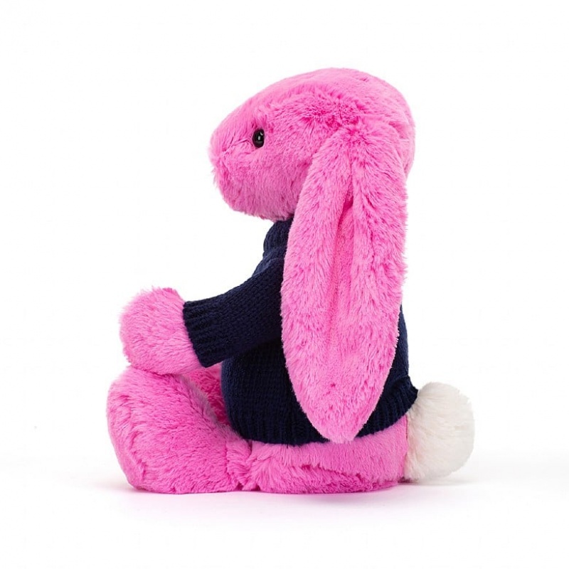 MEDIUM Jellycat Bashful Hot Pink Bunny with Personalised Navy Jumper 31 CM X 12 CM, Jellycat USA | GP6198320