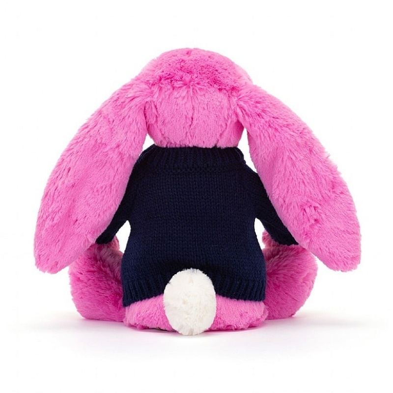 MEDIUM Jellycat Bashful Hot Pink Bunny with Personalised Navy Jumper 31 CM X 12 CM, Jellycat USA | GP6198320