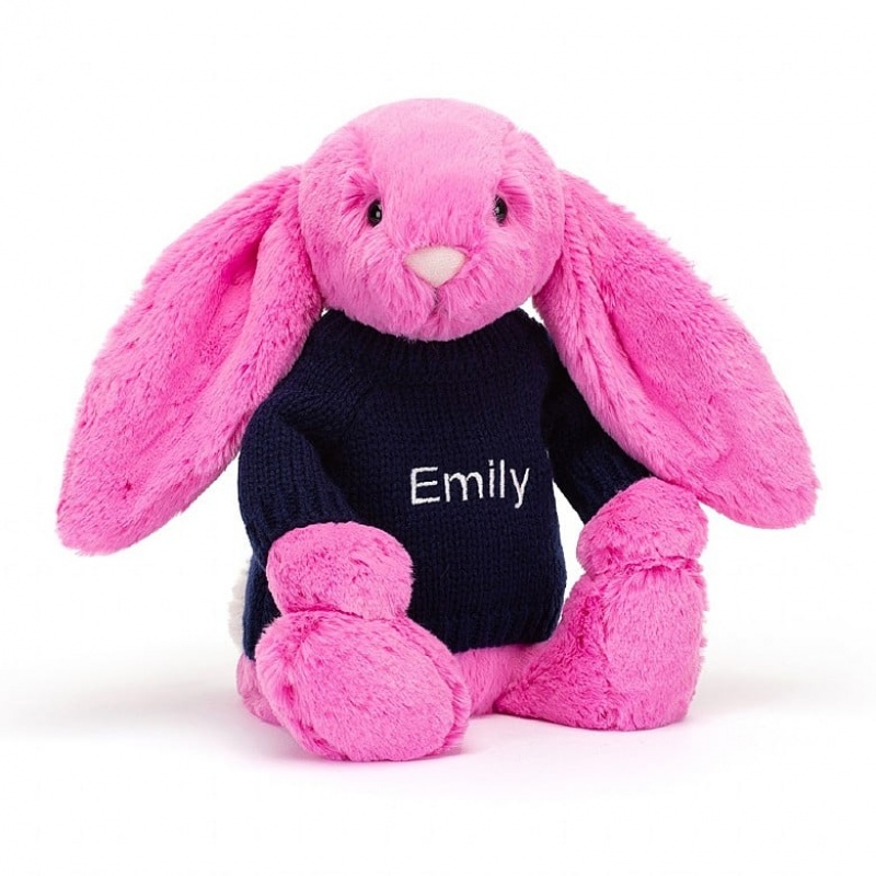 MEDIUM Jellycat Bashful Hot Pink Bunny with Personalised Navy Jumper 31 CM X 12 CM, Jellycat USA | GP6198320