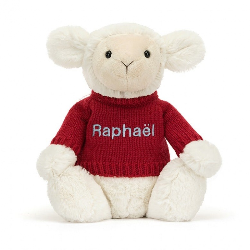 MEDIUM Jellycat Bashful Lamb with Personalied Red Jumper 31 CM X 12 CM, Jellycat USA | TM9752486