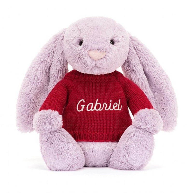 MEDIUM Jellycat Bashful Lilac Bunny with Personalised Red Jumper 31 CM X 12 CM, Jellycat USA | OJ6139742