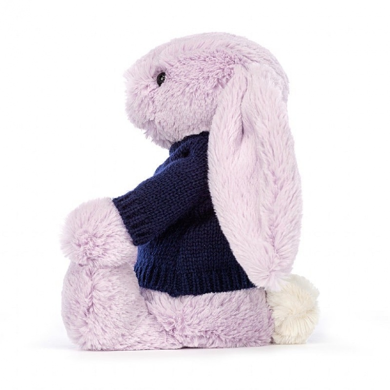 MEDIUM Jellycat Bashful Lilac Bunny with Personalised Navy Jumper 31 CM X 12 CM, Jellycat USA | VY7409356