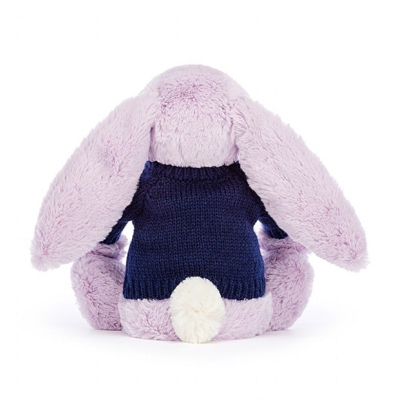 MEDIUM Jellycat Bashful Lilac Bunny with Personalised Navy Jumper 31 CM X 12 CM, Jellycat USA | VY7409356