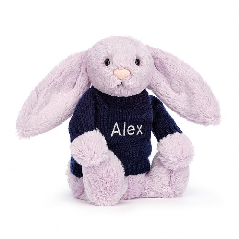 MEDIUM Jellycat Bashful Lilac Bunny with Personalised Navy Jumper 31 CM X 12 CM, Jellycat USA | VY7409356