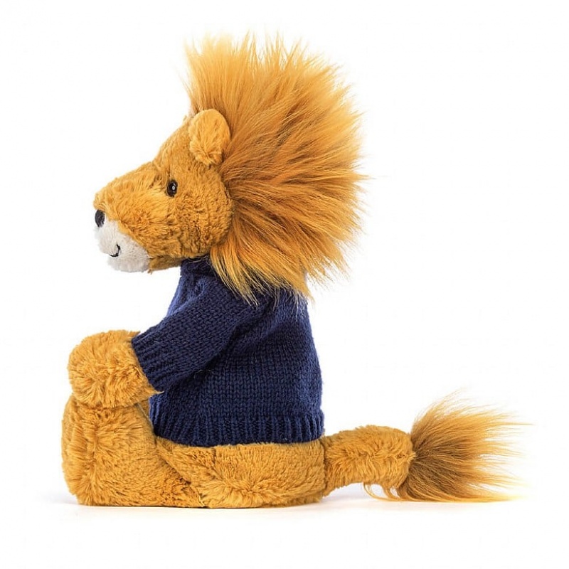 MEDIUM Jellycat Bashful Lion with Personalised Navy Jumper 31 CM X 12 CM, Jellycat USA | OR9528041