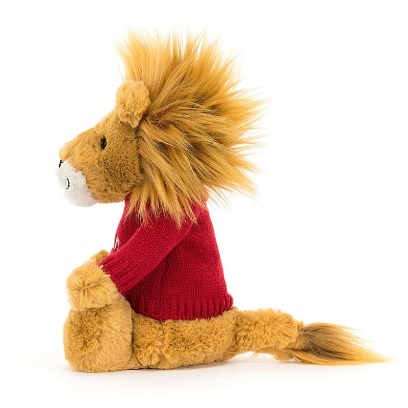 MEDIUM Jellycat Bashful Lion with Personalised Red Jumper 31 CM X 12 CM, Jellycat USA | ZX8601574