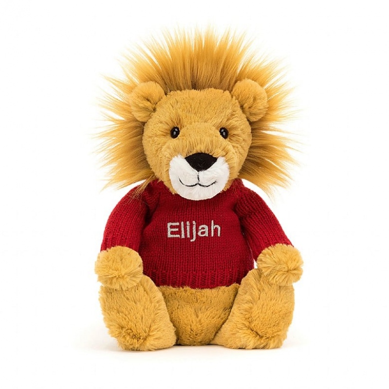 MEDIUM Jellycat Bashful Lion with Personalised Red Jumper 31 CM X 12 CM, Jellycat USA | ZX8601574