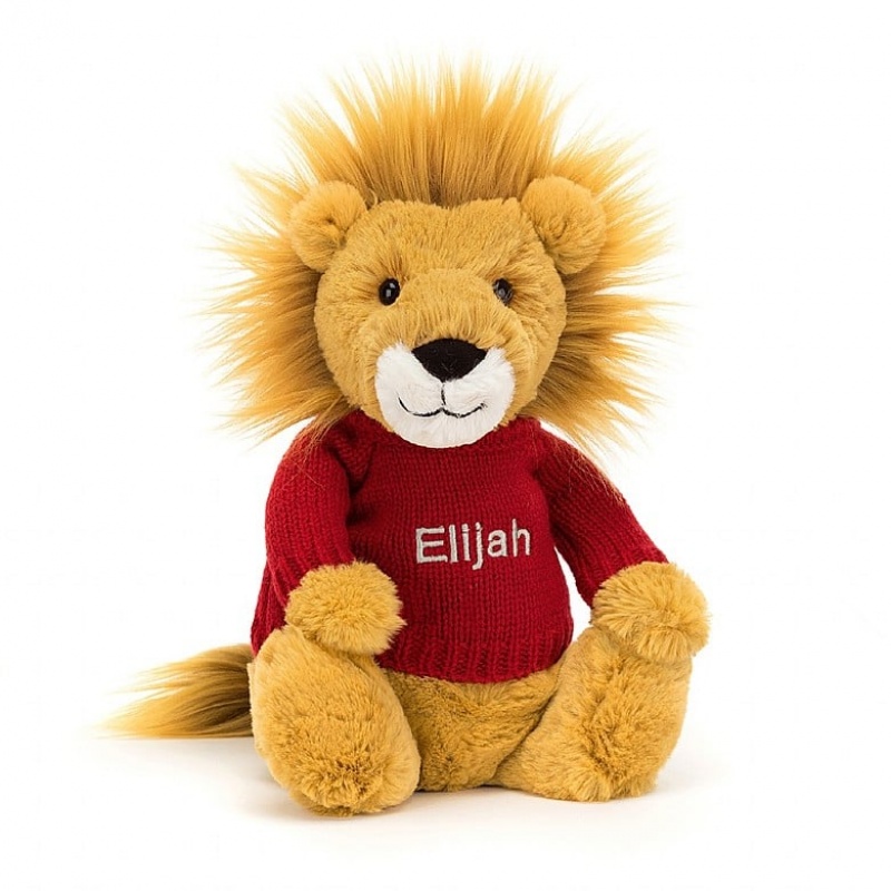 MEDIUM Jellycat Bashful Lion with Personalised Red Jumper 31 CM X 12 CM, Jellycat USA | ZX8601574