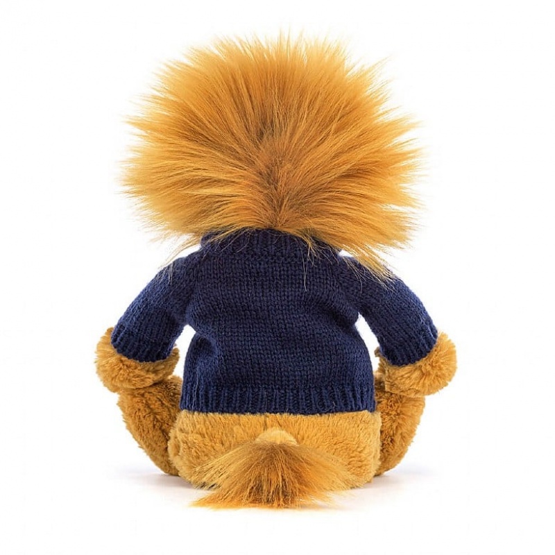 MEDIUM Jellycat Bashful Lion with Personalised Navy Jumper 31 CM X 12 CM, Jellycat USA | AX5941037