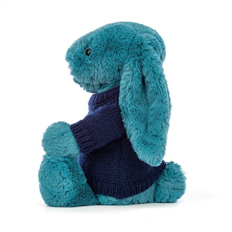 MEDIUM Jellycat Bashful Mineral Blue Bunny with Personalised Navy Jumper 31 CM X 12 CM, Jellycat USA | EV2105894