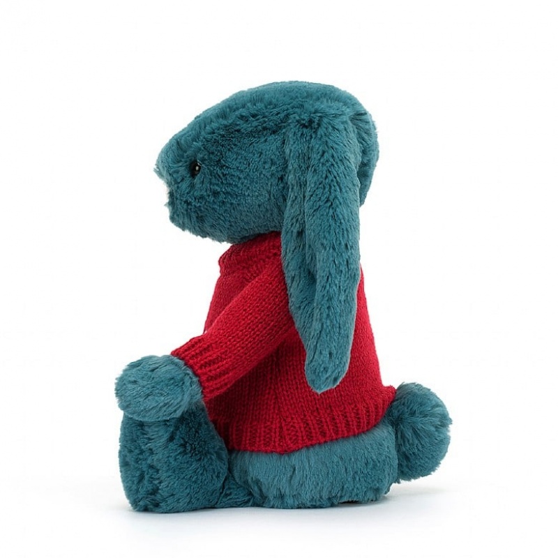 MEDIUM Jellycat Bashful Mineral Blue Bunny with Personalised Red Jumper 31 CM X 12 CM, Jellycat USA | TE9168743