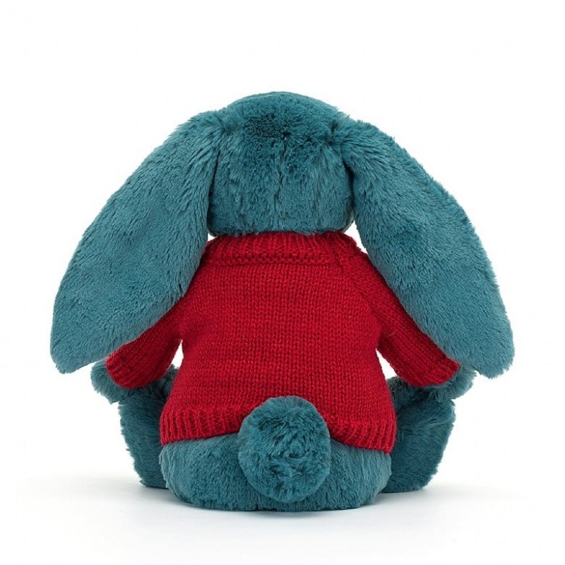 MEDIUM Jellycat Bashful Mineral Blue Bunny with Personalised Red Jumper 31 CM X 12 CM, Jellycat USA | TE9168743