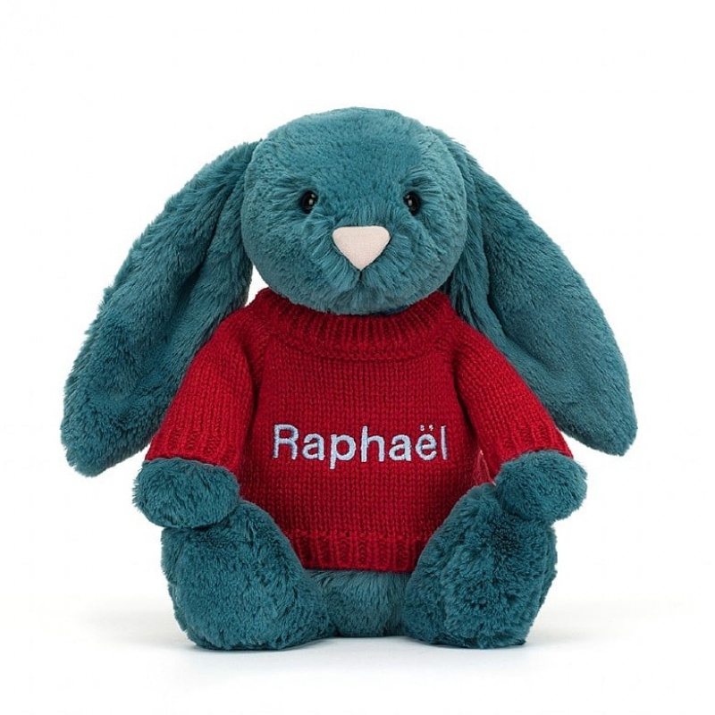 MEDIUM Jellycat Bashful Mineral Blue Bunny with Personalised Red Jumper 31 CM X 12 CM, Jellycat USA | TE9168743