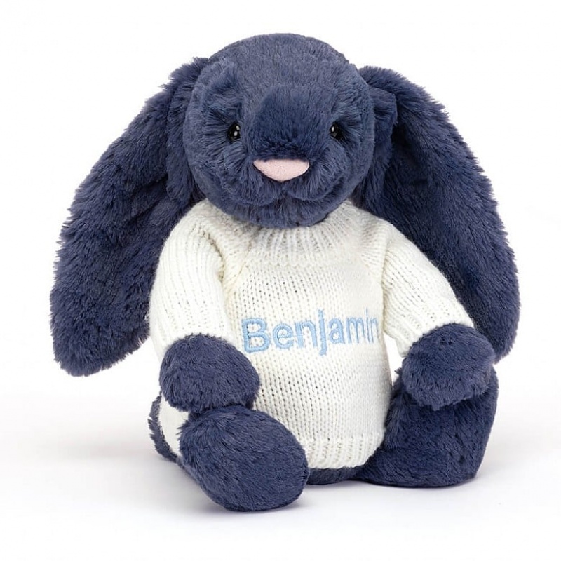 MEDIUM Jellycat Bashful Navy Bunny with Personalised Cream Jumper 31 CM X 12 CM, Jellycat USA | OI7504891