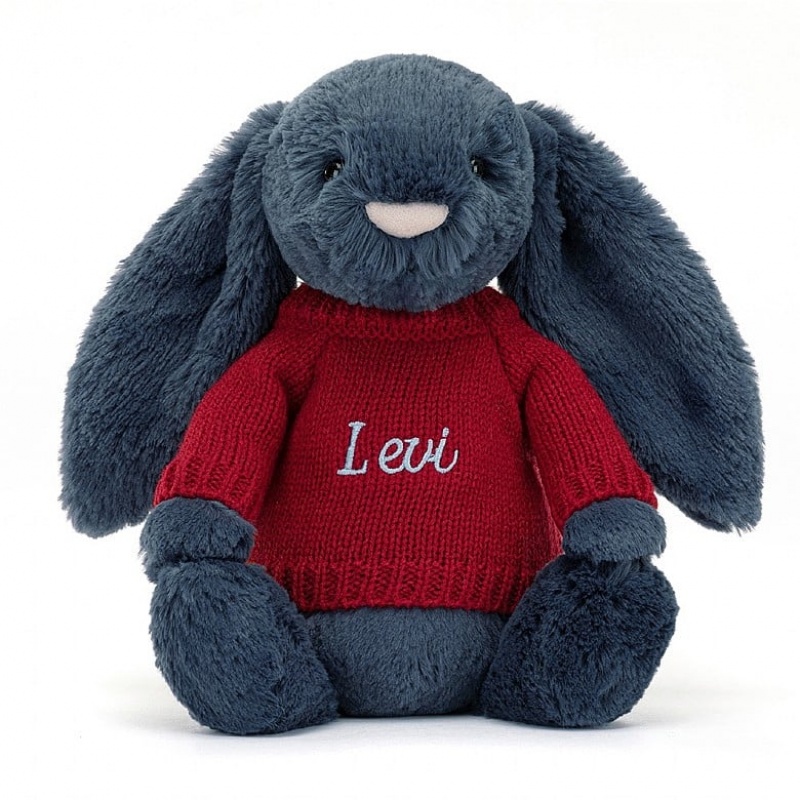 MEDIUM Jellycat Bashful Navy Bunny with Personalised Red Jumper 31 CM X 12 CM, Jellycat USA | HF5497208