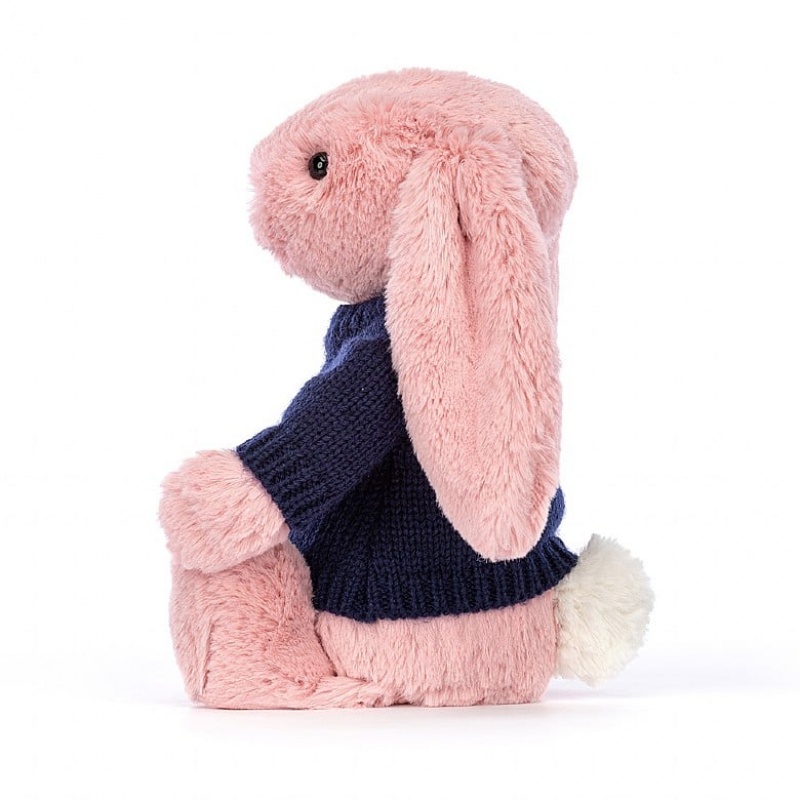 MEDIUM Jellycat Bashful Petal Bunny with Personalised Navy Jumper 31 CM X 12 CM, Jellycat USA | OY9803624