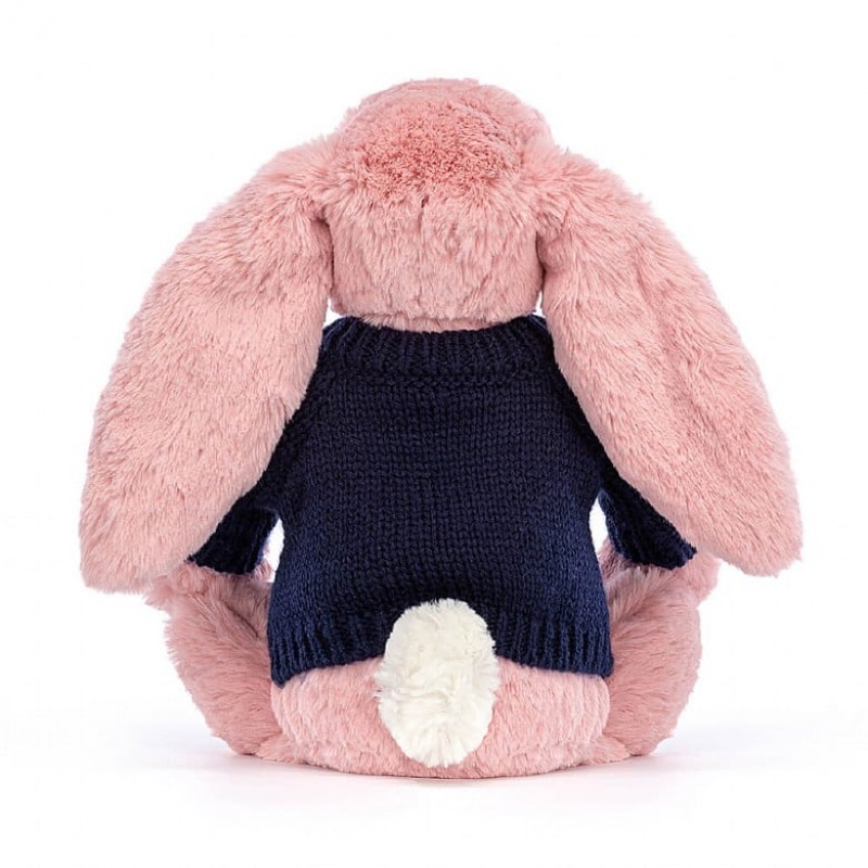 MEDIUM Jellycat Bashful Petal Bunny with Personalised Navy Jumper 31 CM X 12 CM, Jellycat USA | OY9803624