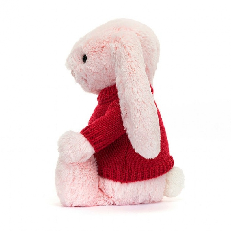 MEDIUM Jellycat Bashful Pink Bunny with Personalised Red Jumper 31 CM X 12 CM, Jellycat USA | IJ5842130