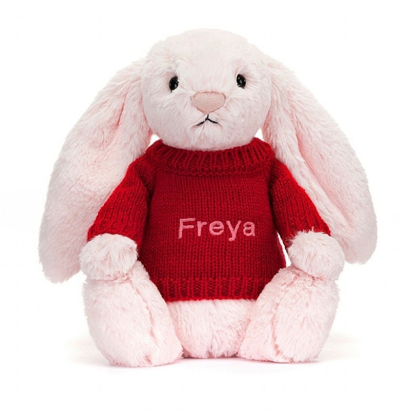 MEDIUM Jellycat Bashful Pink Bunny with Personalised Red Jumper 31 CM X 12 CM, Jellycat USA | IJ5842130